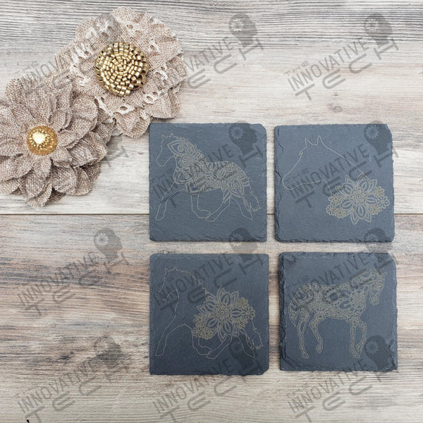 Horse Mandala Coasters In Leather Cork Or Slate Slate