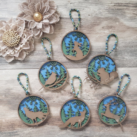 Woodland Creatures Ornaments Full Set (One Of Each)- Blue Background