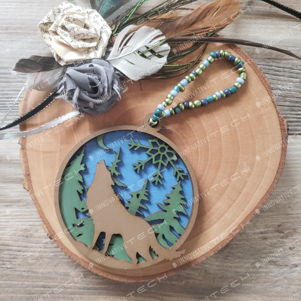 Woodland Creatures Ornaments Wolf- Blue Background