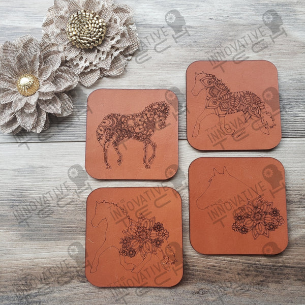 Horse Mandala Coasters In Leather Cork Or Slate Leather